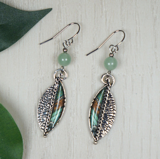 Beautiful Silver & Green Aventurine Gemstone Leaf Earrings, Platinum Earwires