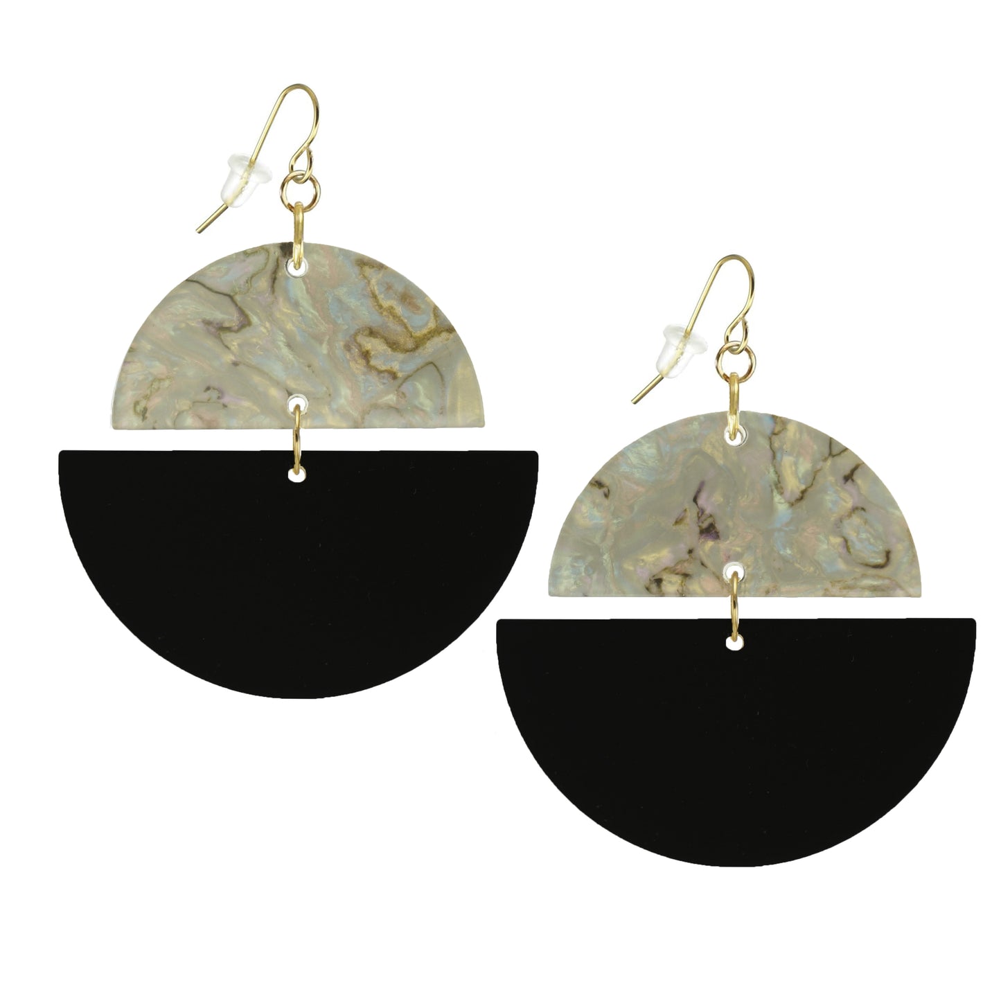 Double Half Moon Black and Colored Acrylic Boho Hoop Statement Earrings, 18K Gold Ear Wires