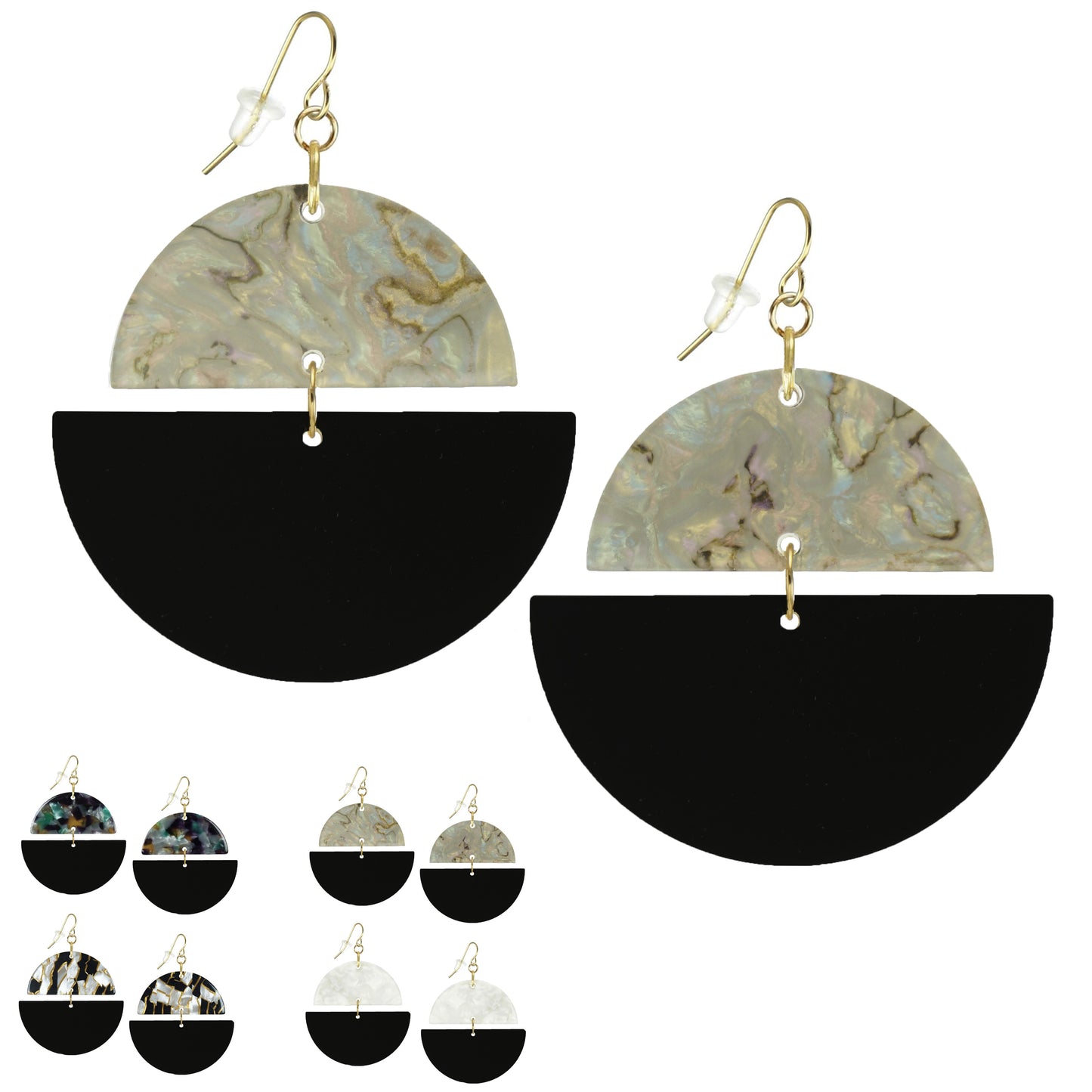 Double Half Moon Black and Colored Acrylic Boho Hoop Statement Earrings, 18K Gold Ear Wires