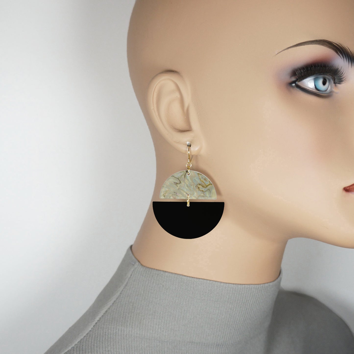 Double Half Moon Black and Colored Acrylic Boho Hoop Statement Earrings, 18K Gold Ear Wires