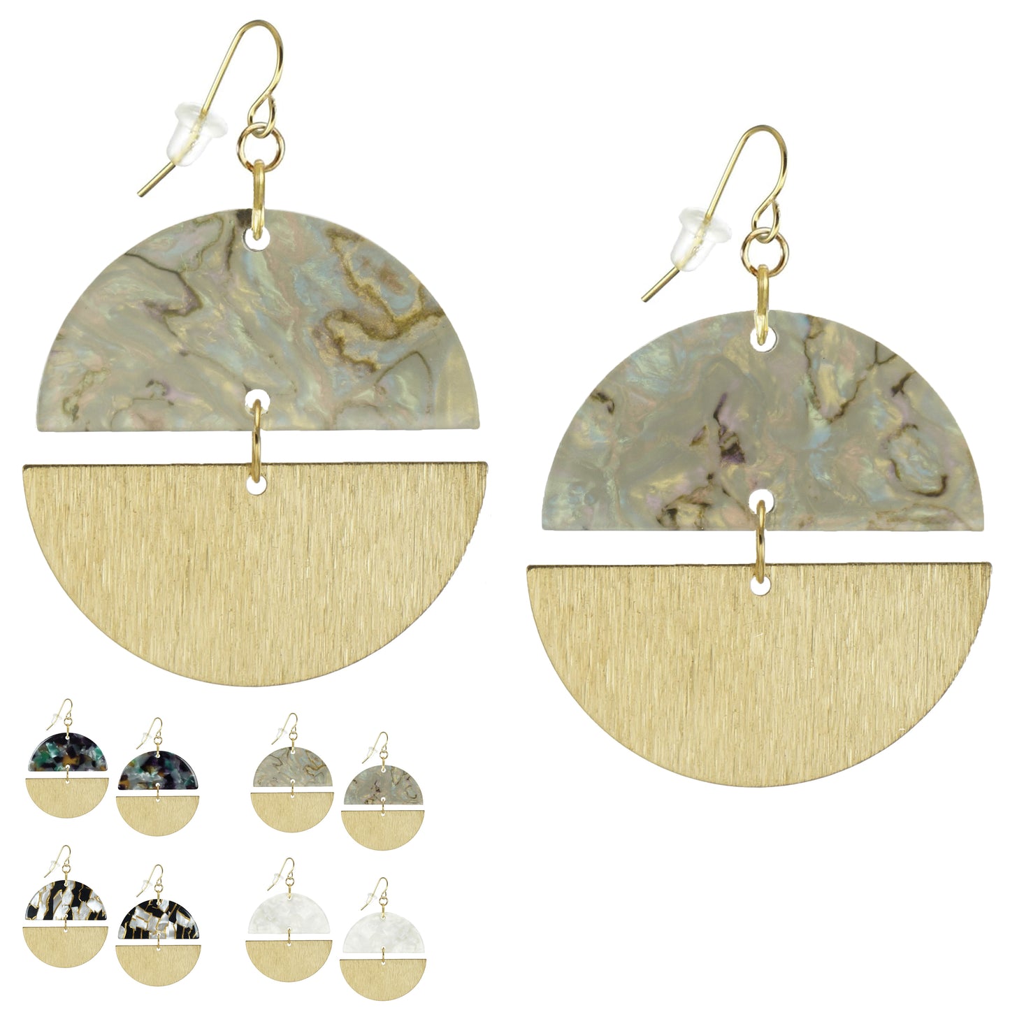 Double Gold and Colored Acrylic Boho Statement Earrings, 18K Gold Ear Wires