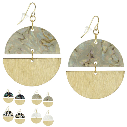 Double Gold and Colored Acrylic Boho Statement Earrings, 18K Gold Ear Wires