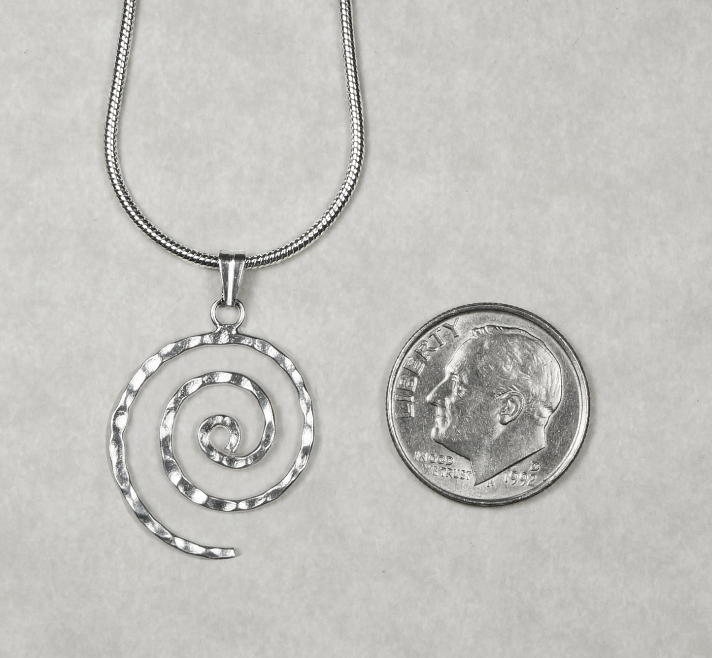 Small and Dainty Minimalist Sterling Silver Hammered Swirl Charm, Stainless Steel Snake Chain, Length Choices
