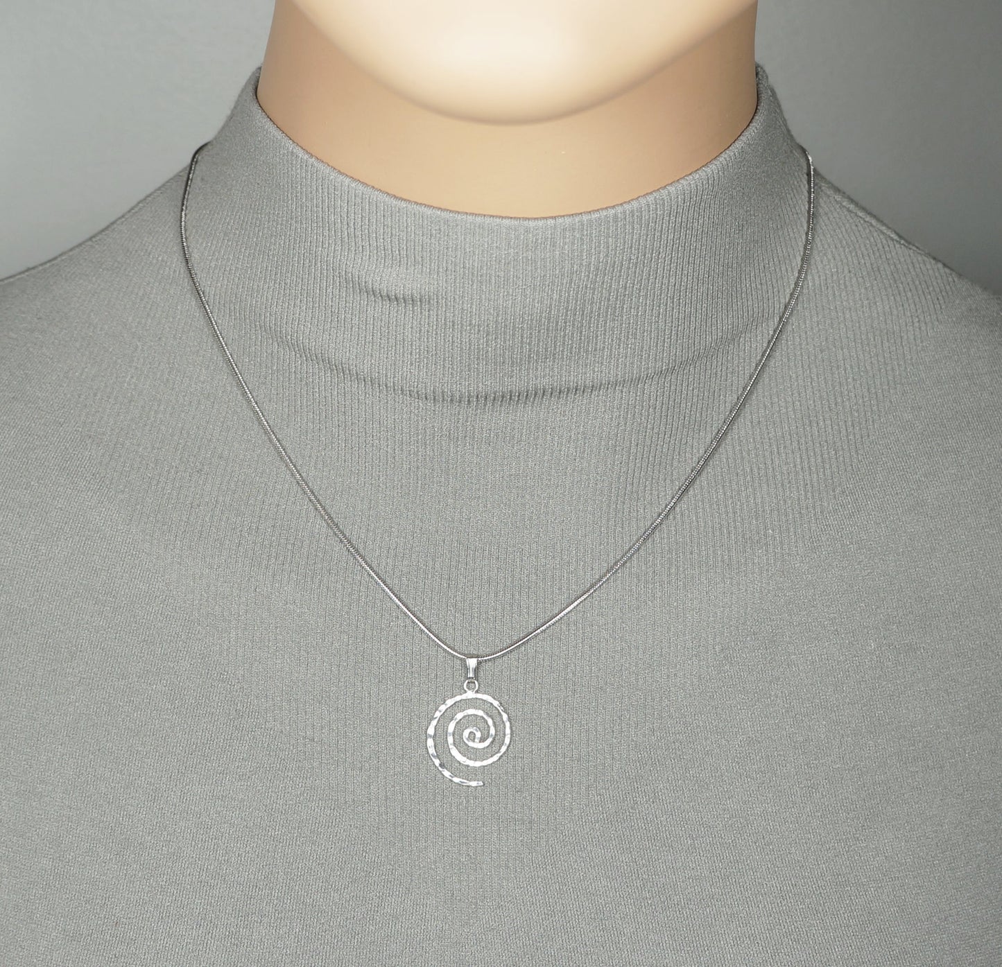 Small and Dainty Minimalist Sterling Silver Hammered Swirl Charm, Stainless Steel Snake Chain, Length Choices