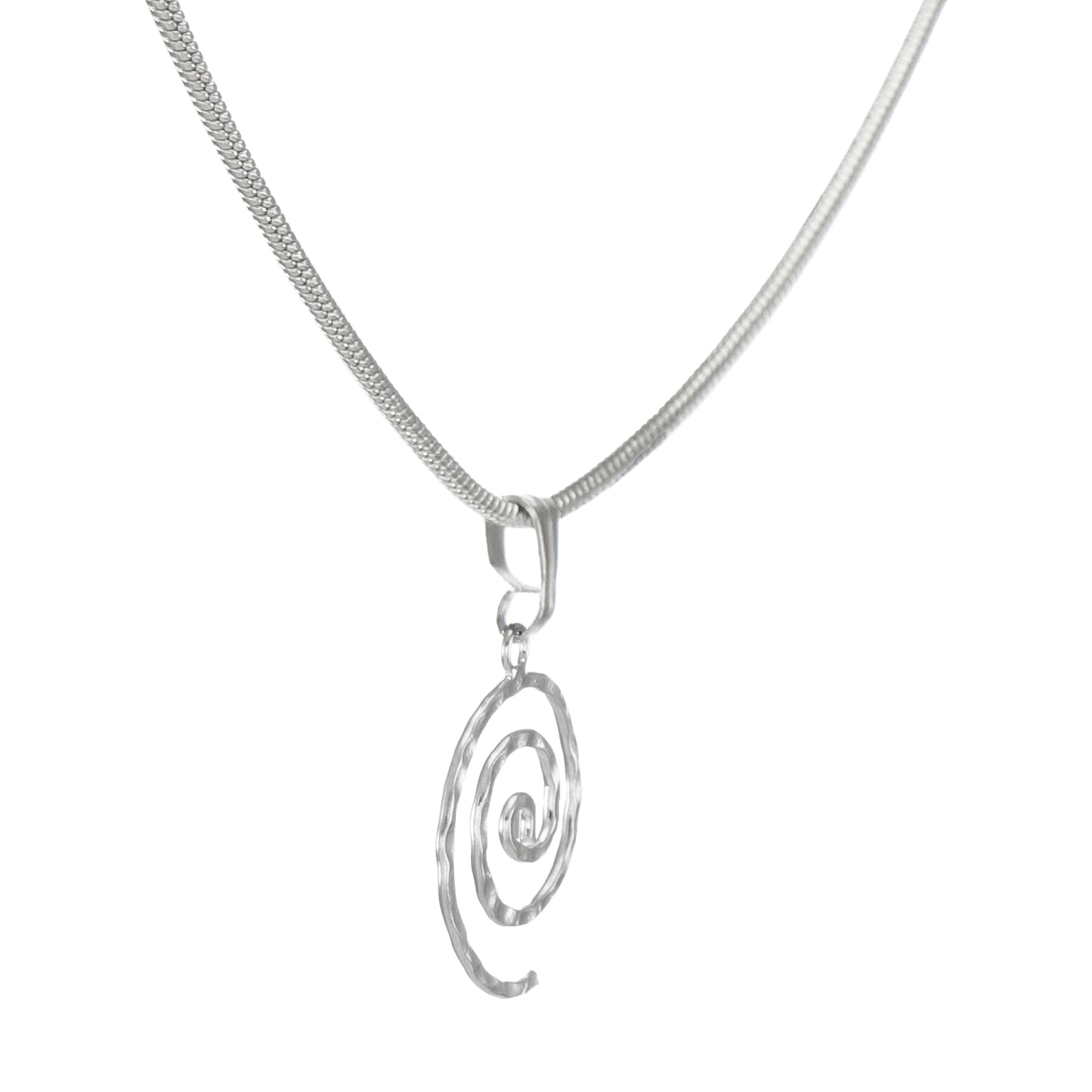 Small and Dainty Minimalist Sterling Silver Hammered Swirl Charm, Stainless Steel Snake Chain, Length Choices