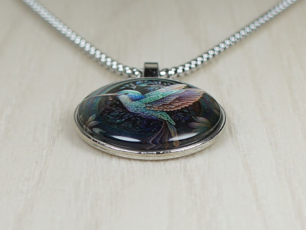 Intricate Highly Detailed Rainbow 2-D Hummingbird Boho Pendant, Stainless Steel Necklace, Length Choices