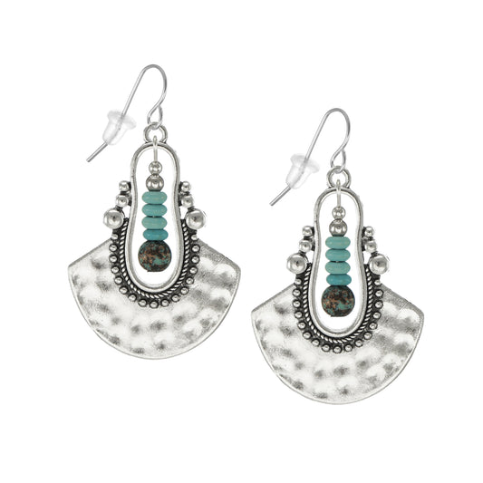 Rustic Silver and Turquoise Boho Ethnic Dangle Earrings, .925 Sterling Silver Ear Wires