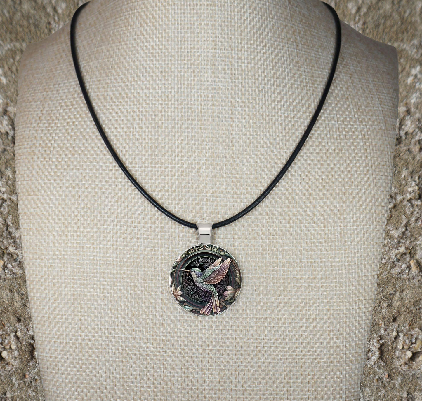 Intricate Highly Detailed 2-D Hummingbird Pendant Black Leather Cord Necklace, Length Choices, Gift for Her
