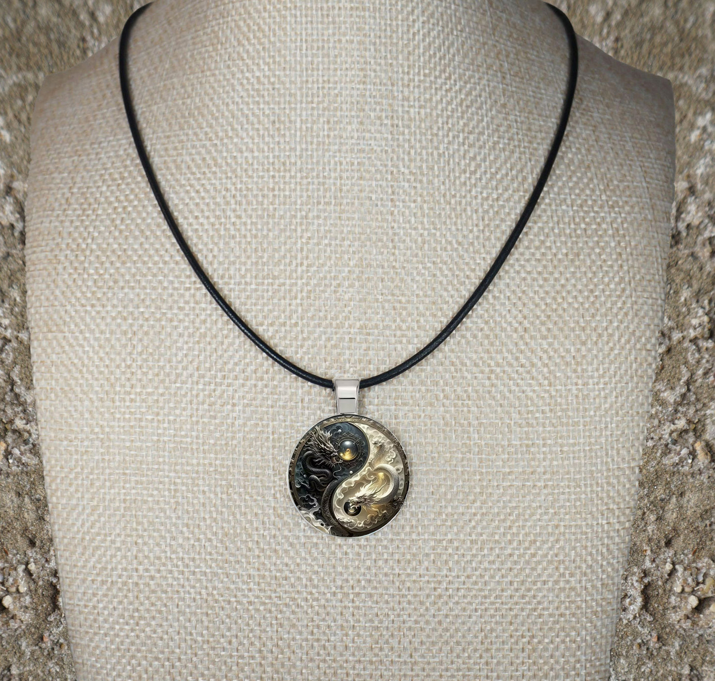 Intricate Yin Yang Highly Detailed 2-D Dragon Pendant Black Leather Cord Necklace, Length Choices, Gift for Her or Gift for Him