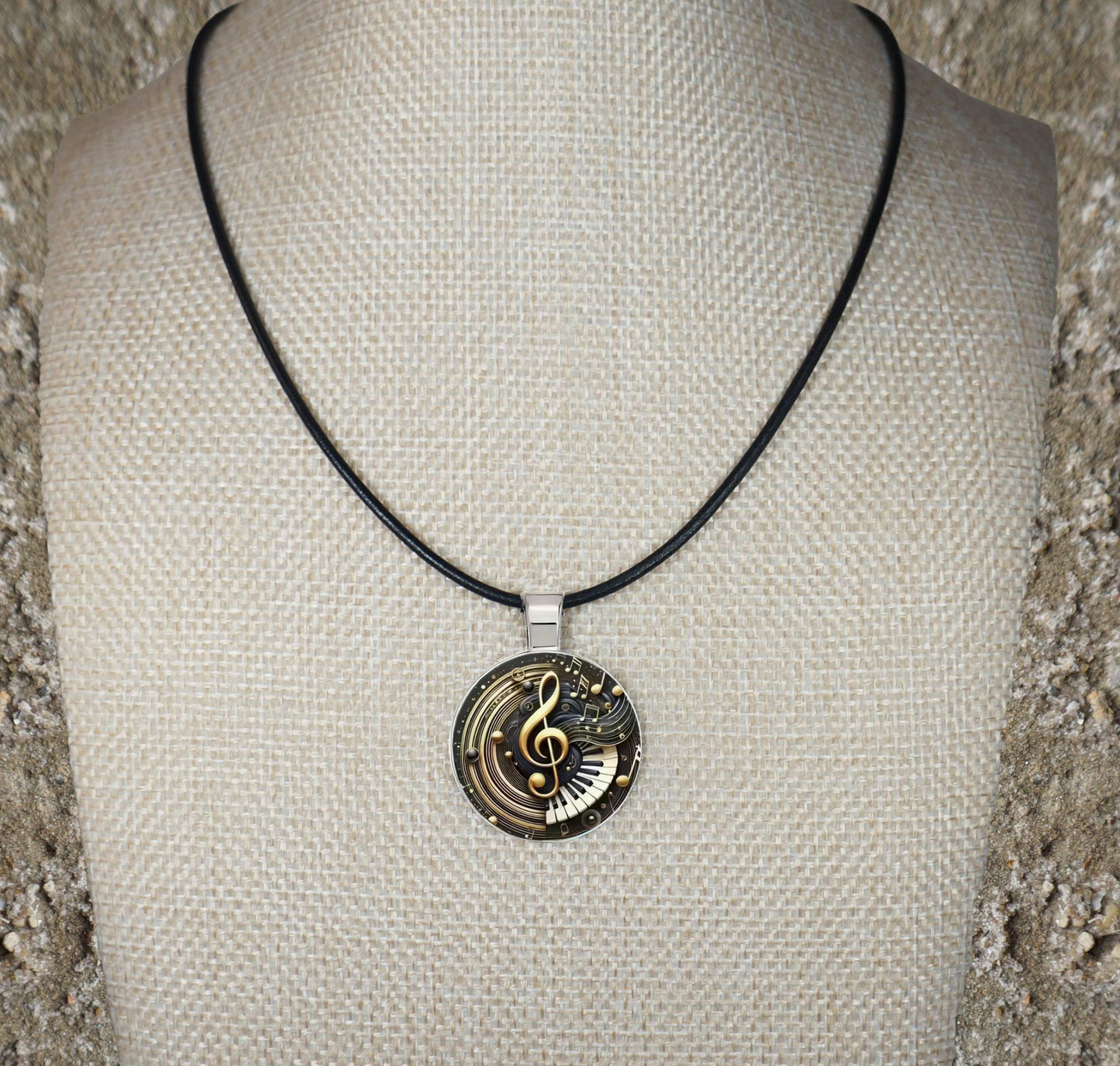 Intricate Highly Detailed 2-D Musical Treble Clef Pendant Black Leather Cord Necklace, Length Choices, Gift for Her or Gift for Him