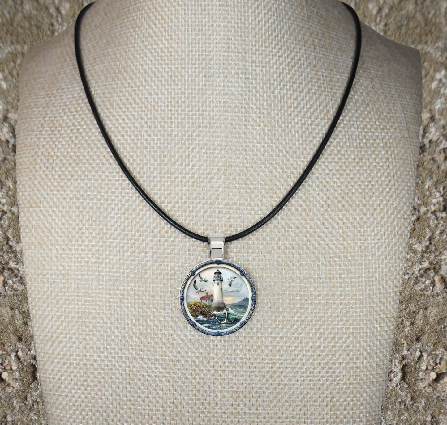 Intricate High Detail 2-D Lighthouse Pendant Black Leather Necklace, Length Choices, Gift for Her or Gift for Him