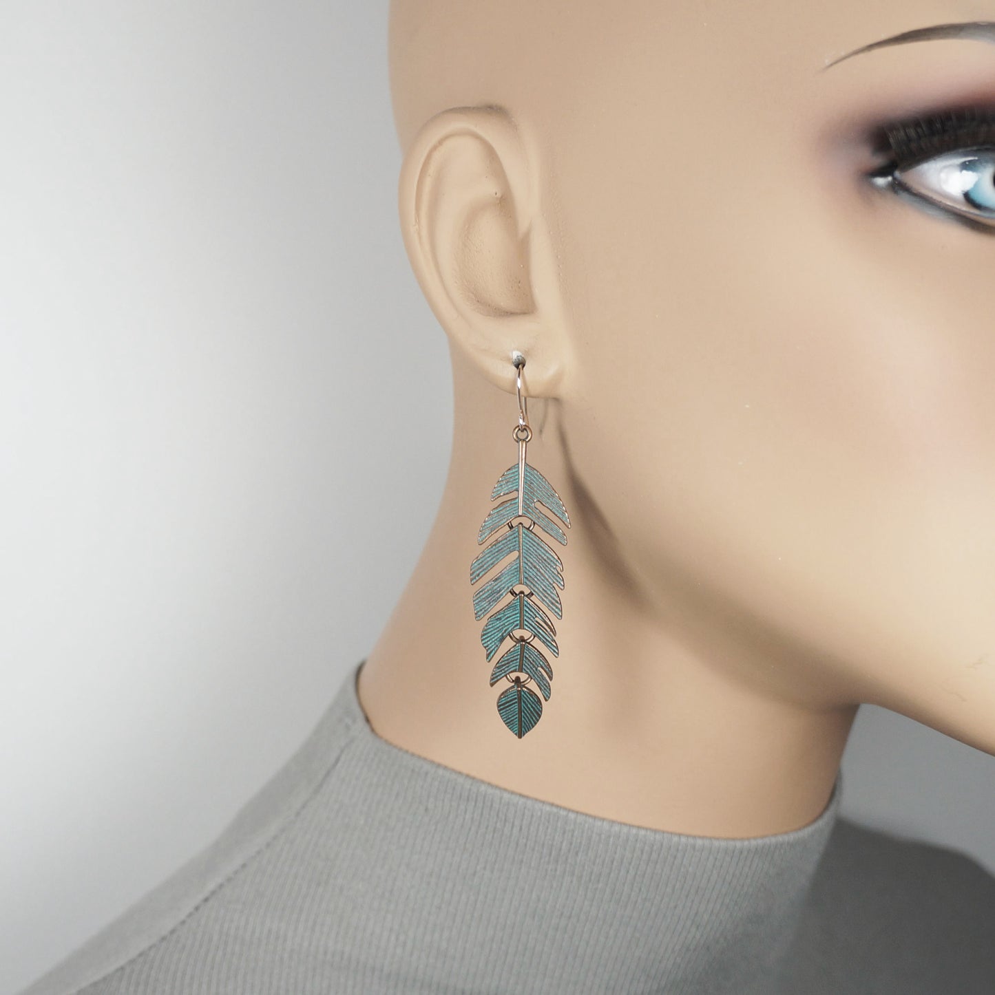 Copper Patina Leaf Drop Boho Statement Earrings, Rose Gold Ear Wires