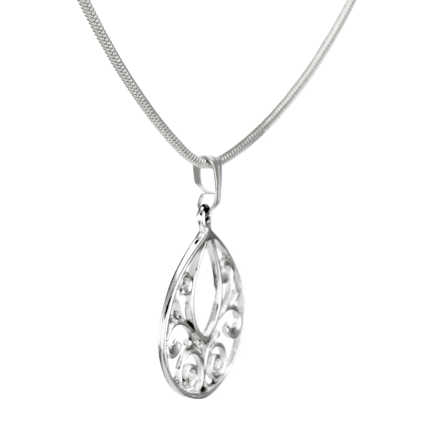 Small and Dainty Minimalist Sterling Filigree Teardrop Swirl Charm, Stainless Steel Snake Chain, Length Choices