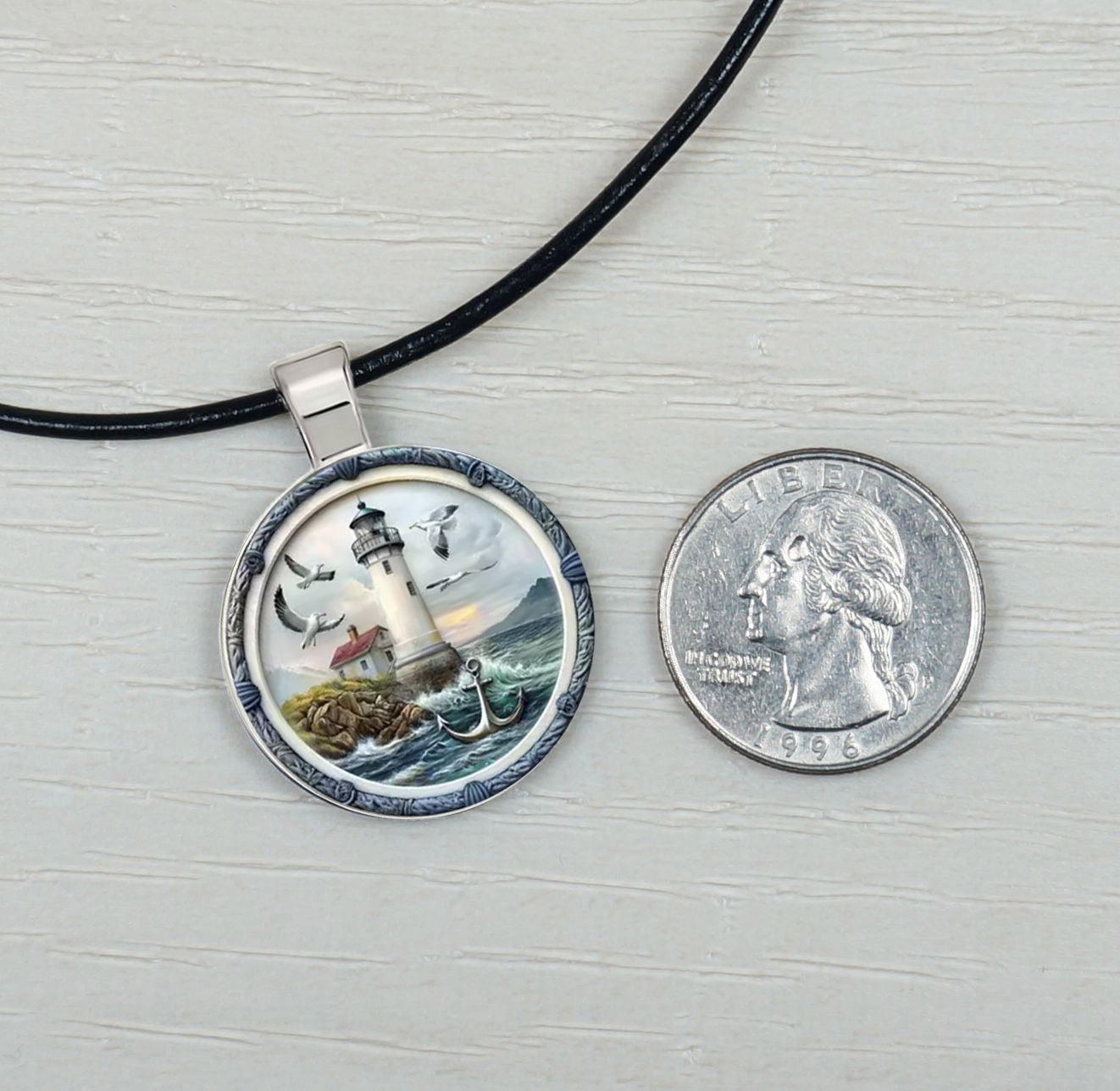 Intricate High Detail 2-D Lighthouse Pendant Black Leather Necklace, Length Choices, Gift for Her or Gift for Him