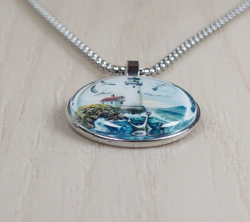 Intricate Highly Detailed Rainbow 2-D Lighthouse Pendant, Stainless Steel Necklace, Length Choices