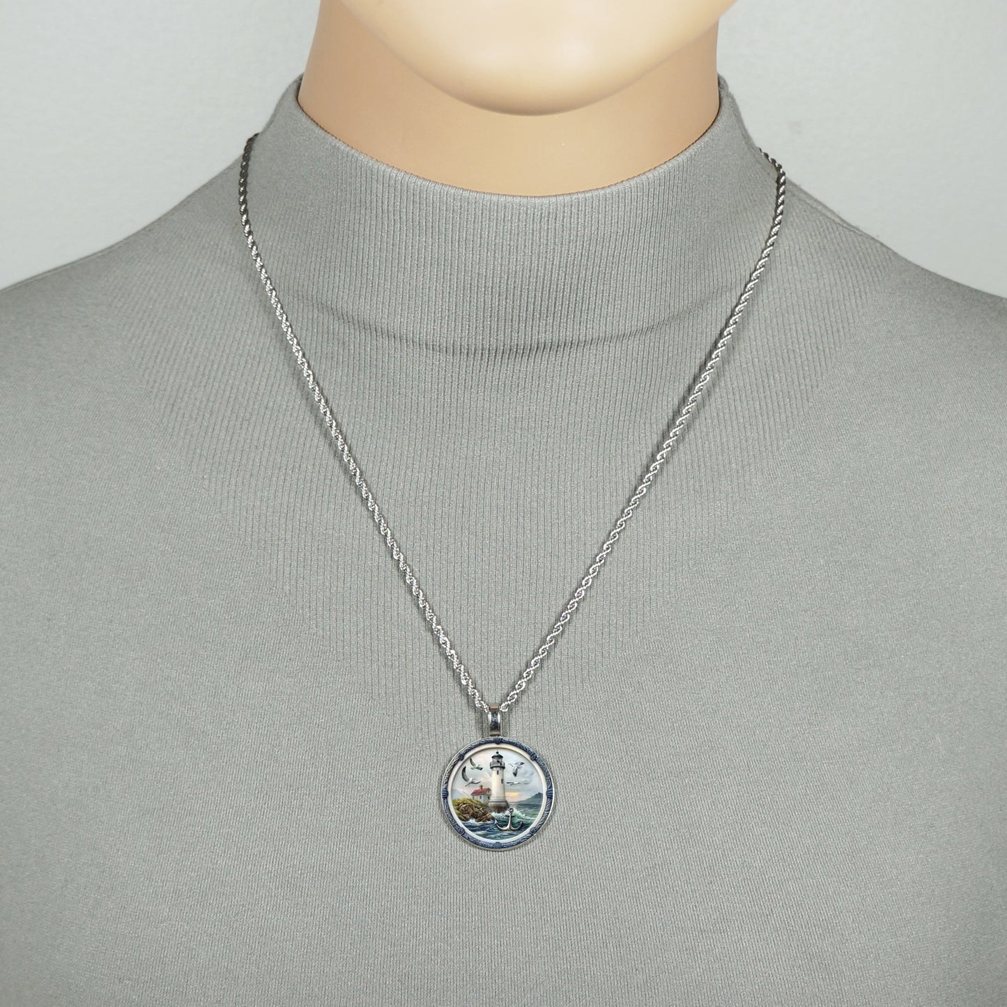 Intricate Highly Detailed Lighthouse Pendant on Stainless Steel Rope Chain, 20 Inch