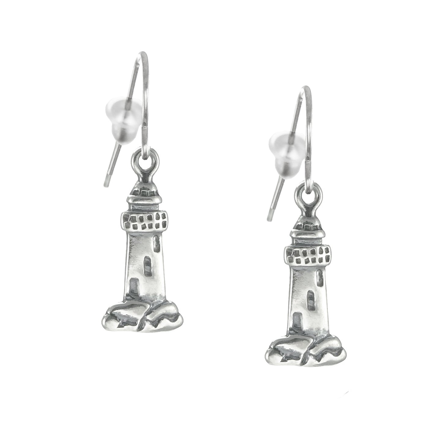 Small Sterling Silver Lighthouse Earrings, Hypoallergenic Platinum Ear Wires, Gift for Her