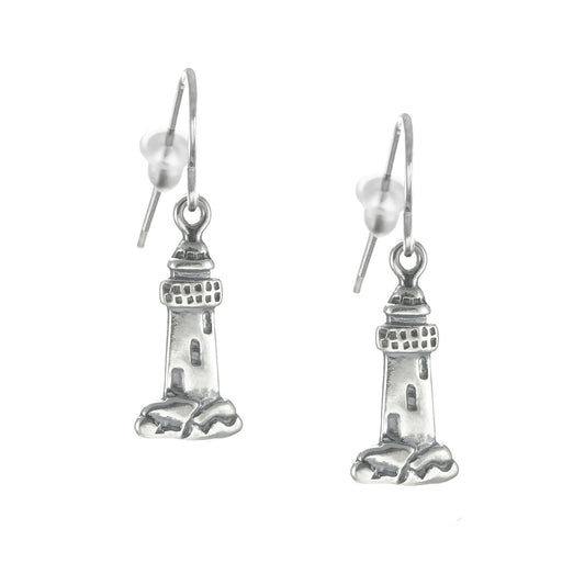 Small Sterling Silver Lighthouse Earrings, Hypoallergenic Platinum Ear Wires, Gift for Her
