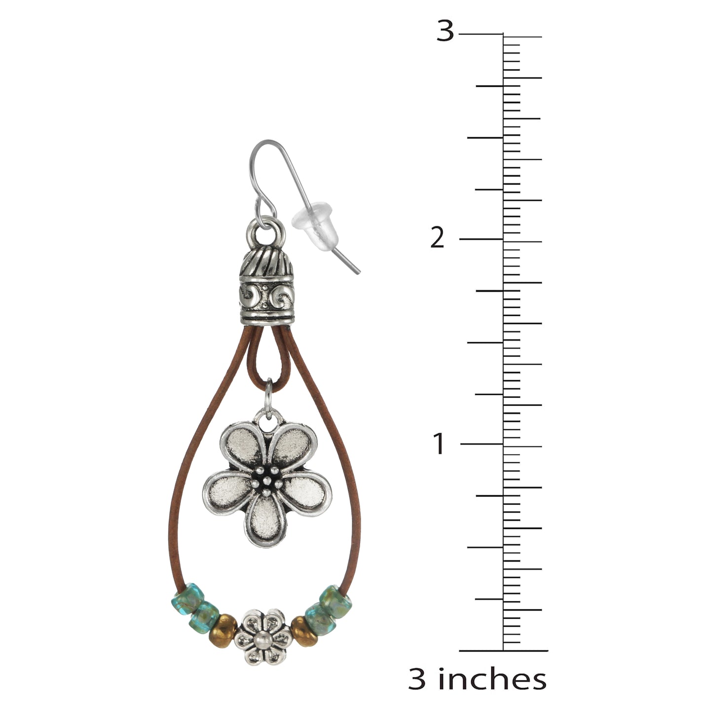 Tibetan Style Flower Seed Bead Southwest Style Leather Boho Statement Earrings, Platinum Ear Wires