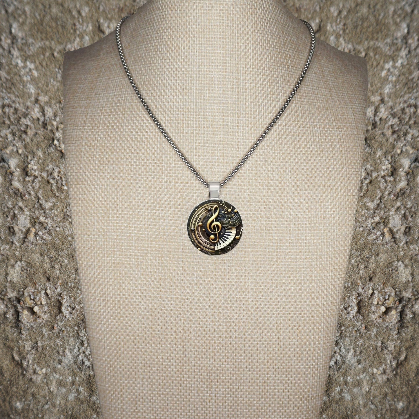 Intricate Highly Detailed 2-D Treble Clef Music Pendant, Stainless Steel Necklace, Length Choices