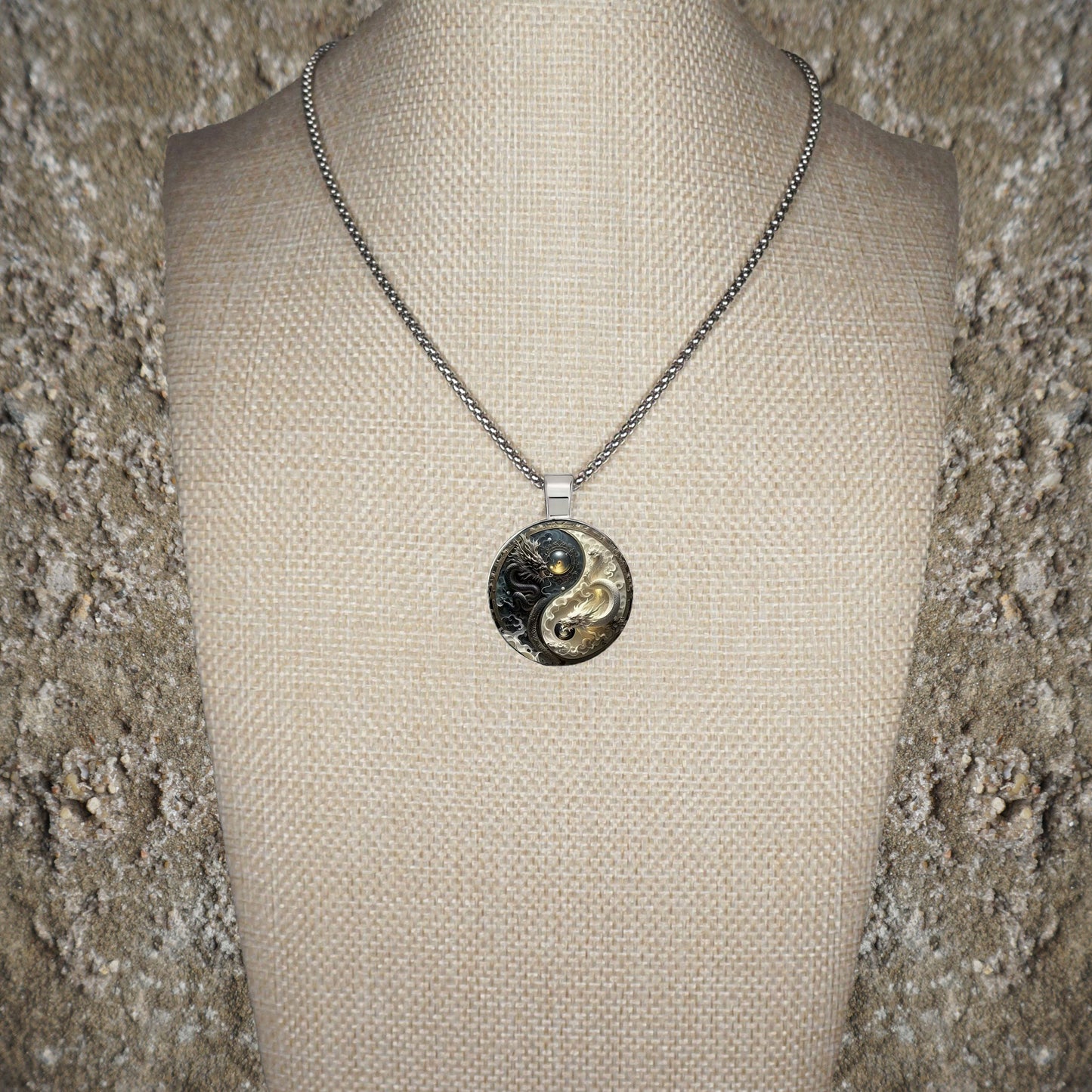 Intricate Highly Detailed 2-D Yin Yang Dragon Pendant, Stainless Steel Necklace, Length Choices