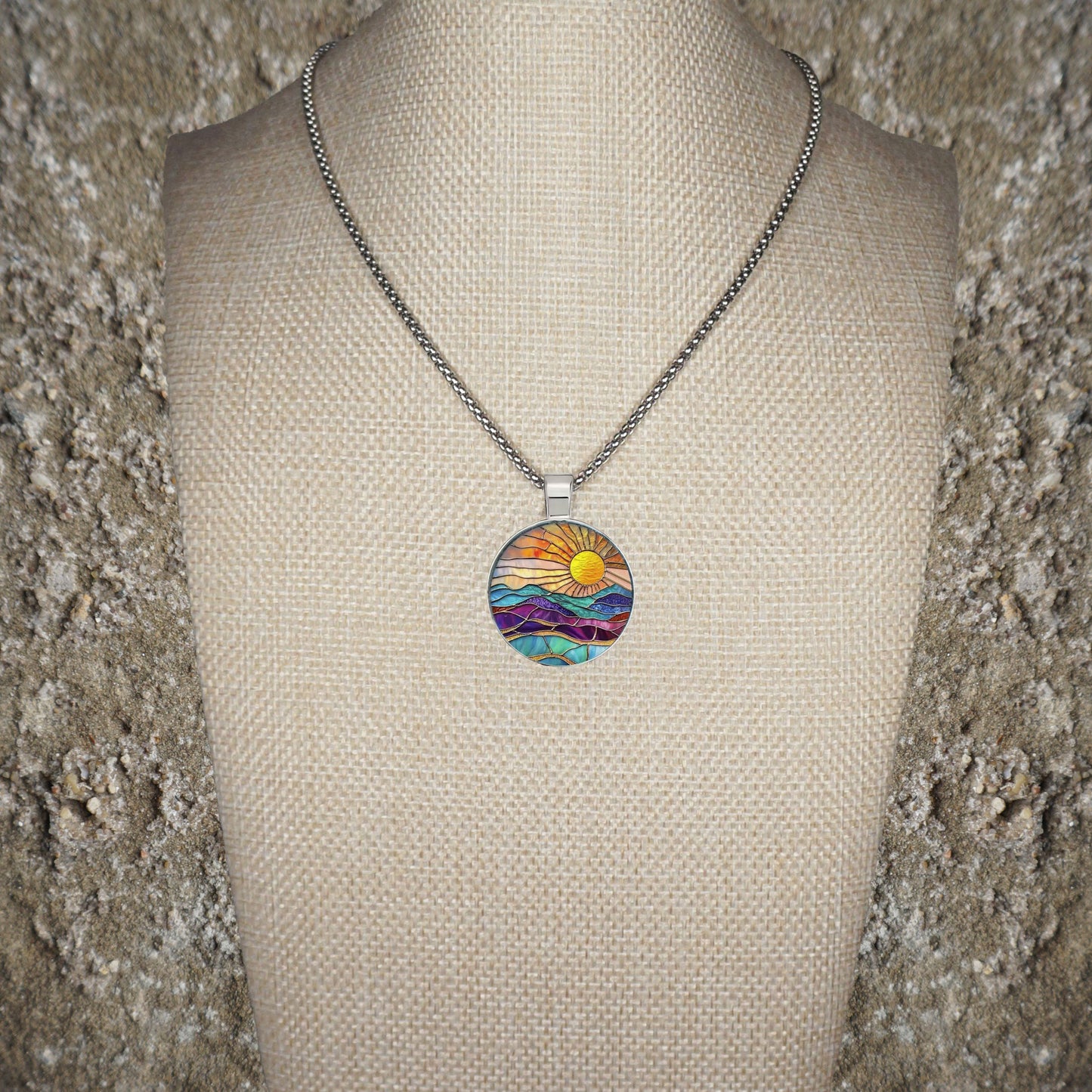 Intricate Highly Detailed Rainbow 2-D Stained Glass Look Sun Pendant, Stainless Steel Necklace, Length Choices