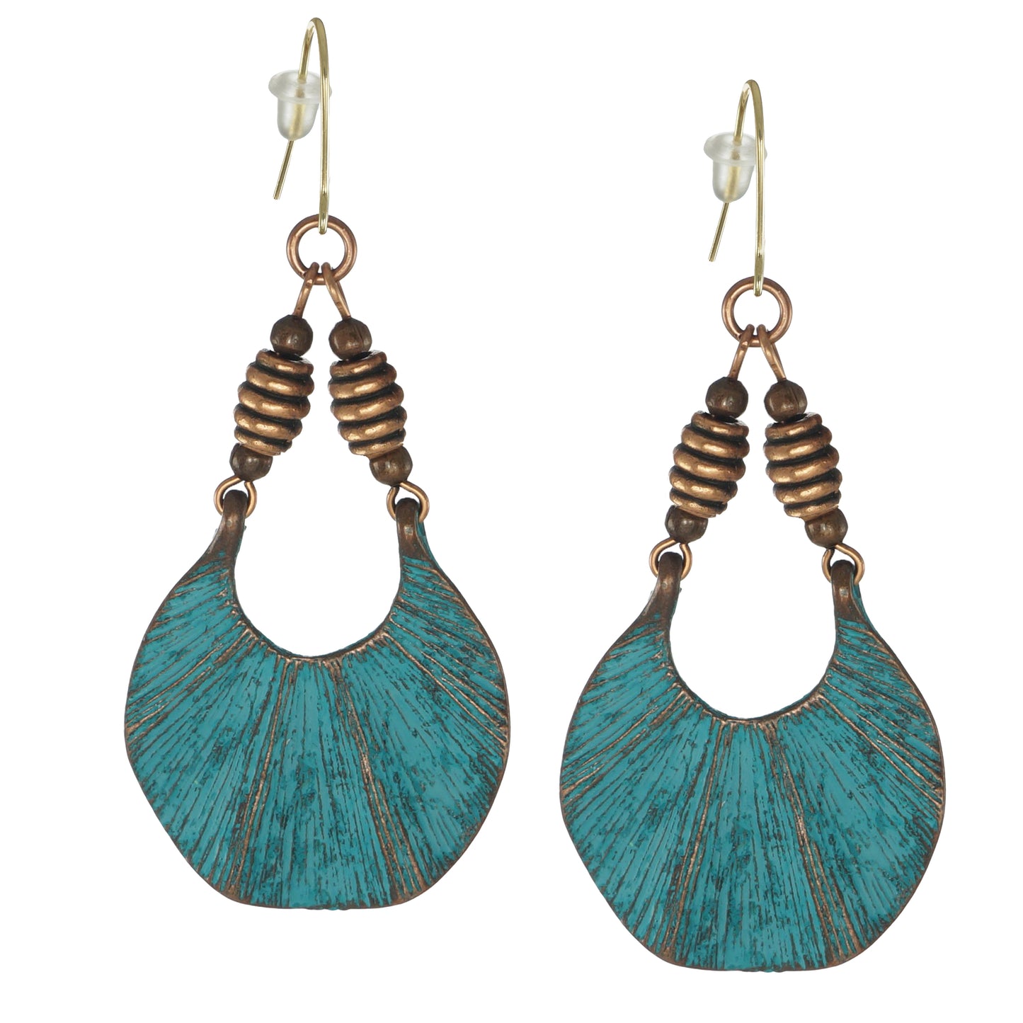 Unique Copper Patina Ethnic Rustic Boho Fan Shaped Statement Dangle Earrings – 18K Ear wires – Gift for Her