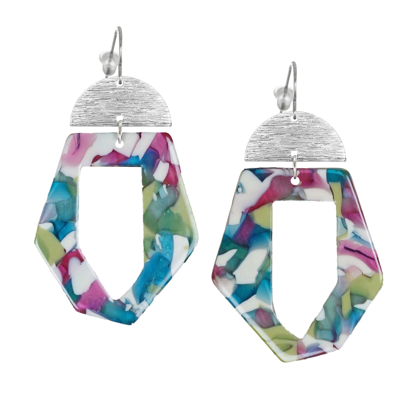 Vibrant Multi Color Acrylic and Silver Moon Statement Earrings, Platinum Ear Wires