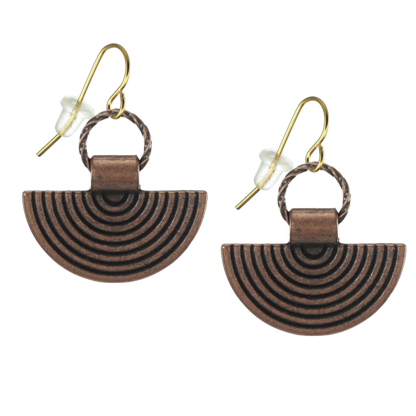 Cute Copper Fan Drop and Twisted Copper Ring Everyday Minimalist Earrings, Hypoallergenic 18K Gold Ear Wires