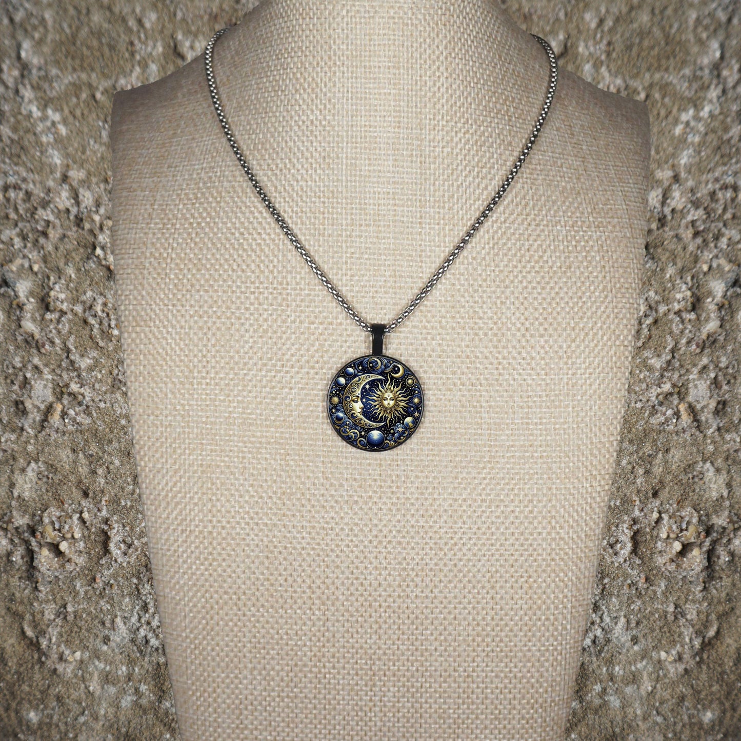 Celestial Blue Highly Detailed Sun Moon Boho Pendant, Stainless Steel Chain Necklace, Length Choices