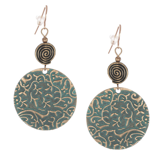 Round Copper Patina Rustic Boho Swirl Statement Dangle Earring, Rose Gold Ear wires