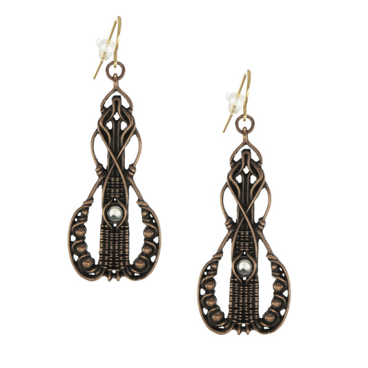 Beautiful Long Abstract Copper and Moonstone Boho Statement Dangle Earrings, 18K Gold Ear Wires