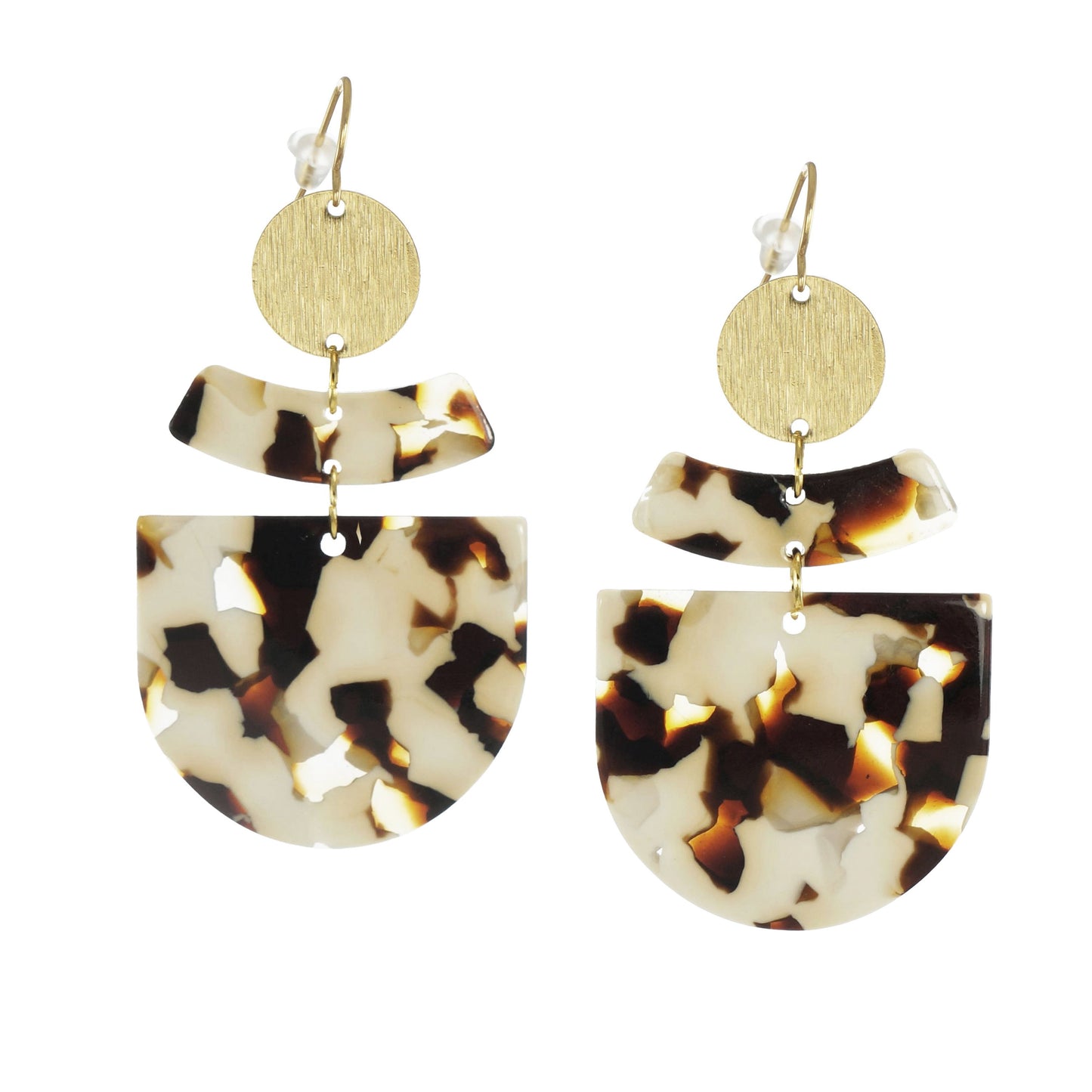Beige Brown and Gold Patterned Lightweight Boho Statement Earrings 18K Ear Wires