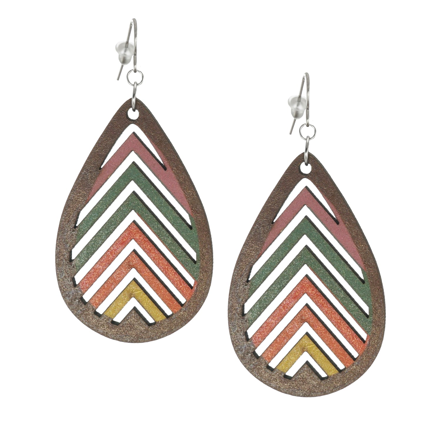 Retro Rainbow Wood Teardrop Boho Statement Earrings, Platinum Wires