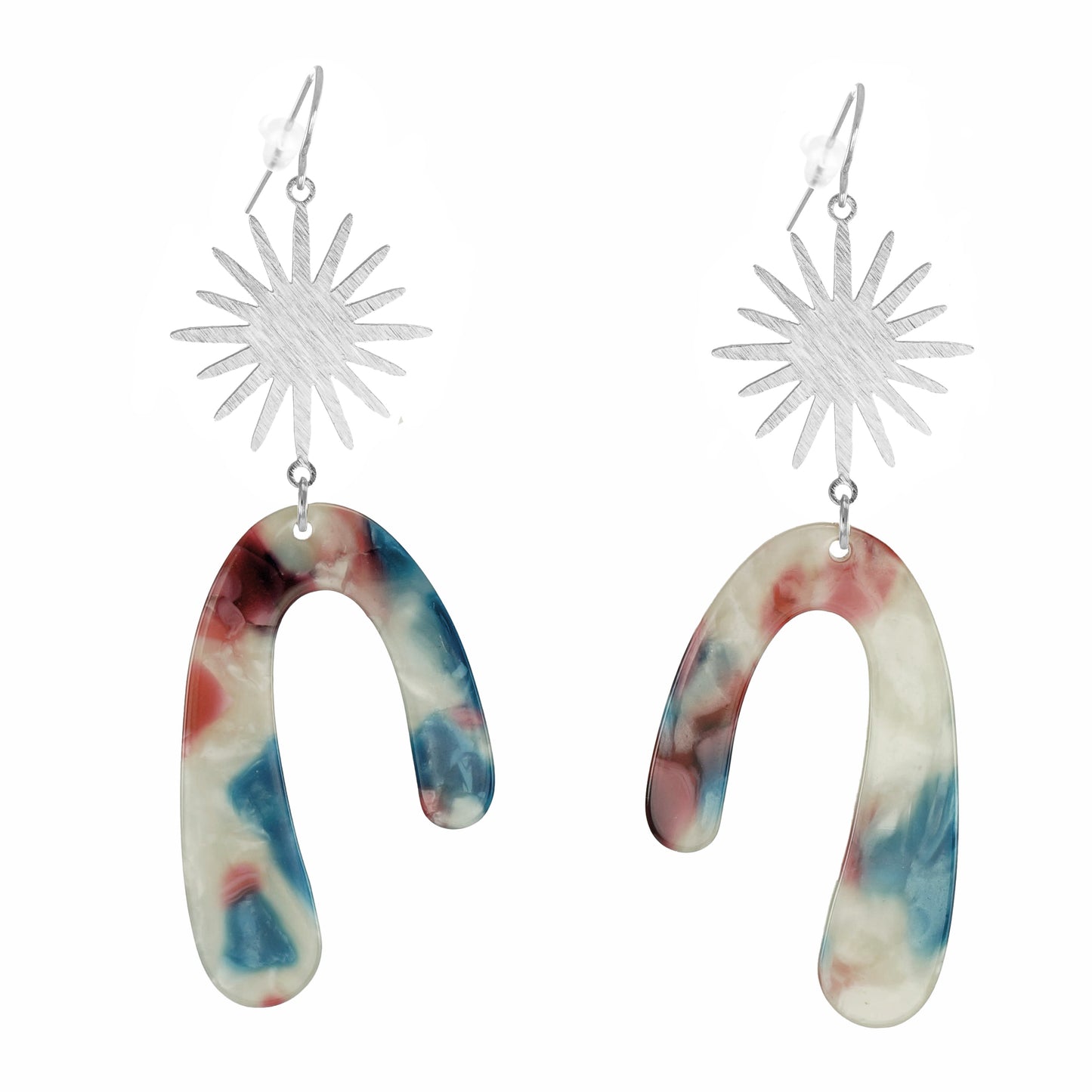 Red White & Blue Silver Starburst Sun Boho Statement Earrings, Platinum Wires