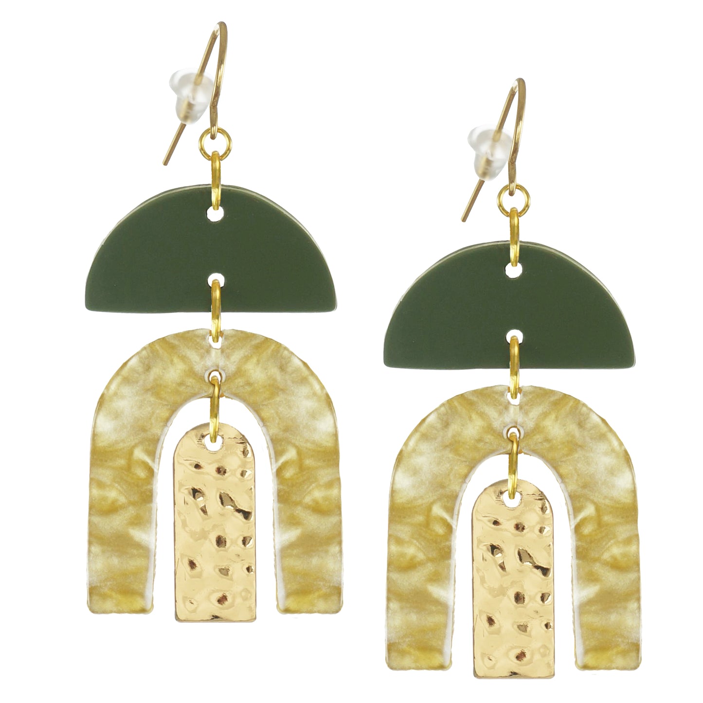 Gold and Green Acrylic Boho Statement Earrings, 18K Gold Ear Wires