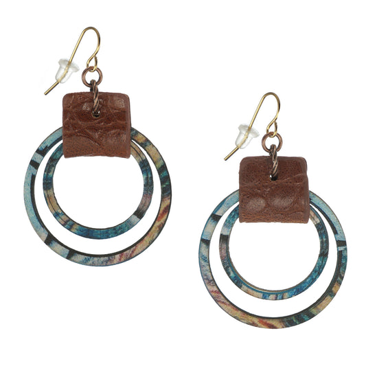 Beautiful Boho Multi Colored Blue Double Hoop Wood and Leather Statement Earrings, 18K Gold Ear Wires