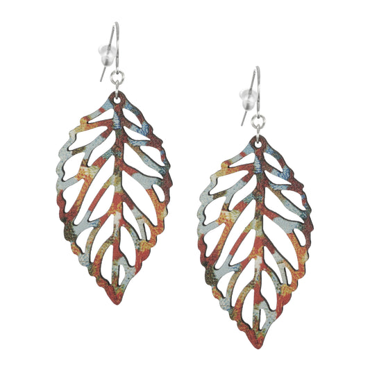 Beautiful Boho Multi Rainbow Color Wood Leaf Lightweight Statement Dangle Earrings, Hypoallergenic Platinum Ear Wires