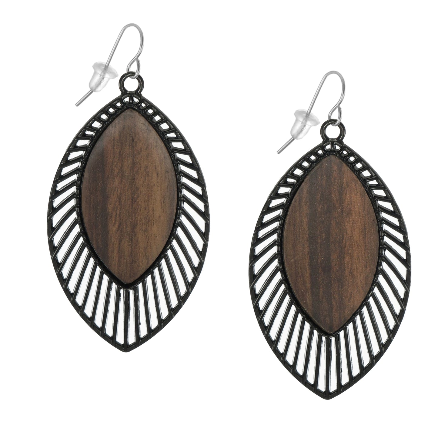 Beautiful Black Metal and Wood Diamond Shaped Boho Statement Dangle Earrings, Platinum Ear Wires
