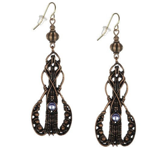 Beautiful Long Abstract Copper and Moonstone Boho Statement Dangle Earrings, 18K Gold Ear Wires