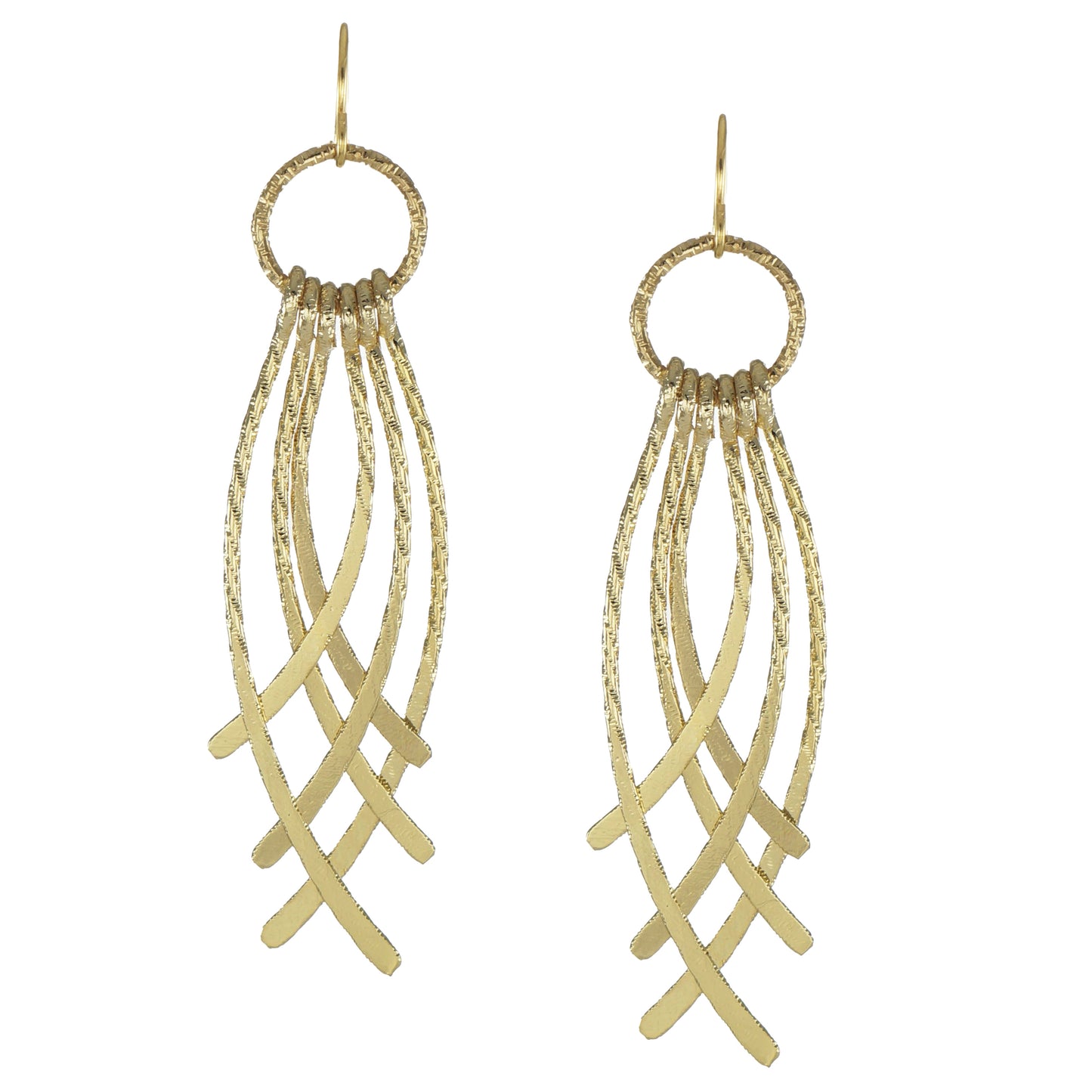 Beautiful Long Gold Textured and Hammered Drop Boho Statement Dangle Earrings, 18K Ear Wires