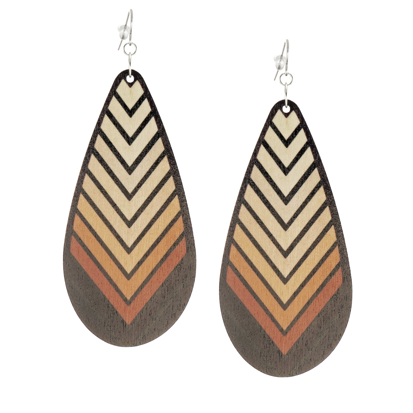 Lightweight Wood Chevron Teardrop Boho Statement Earrings, Platinum Ear Wires