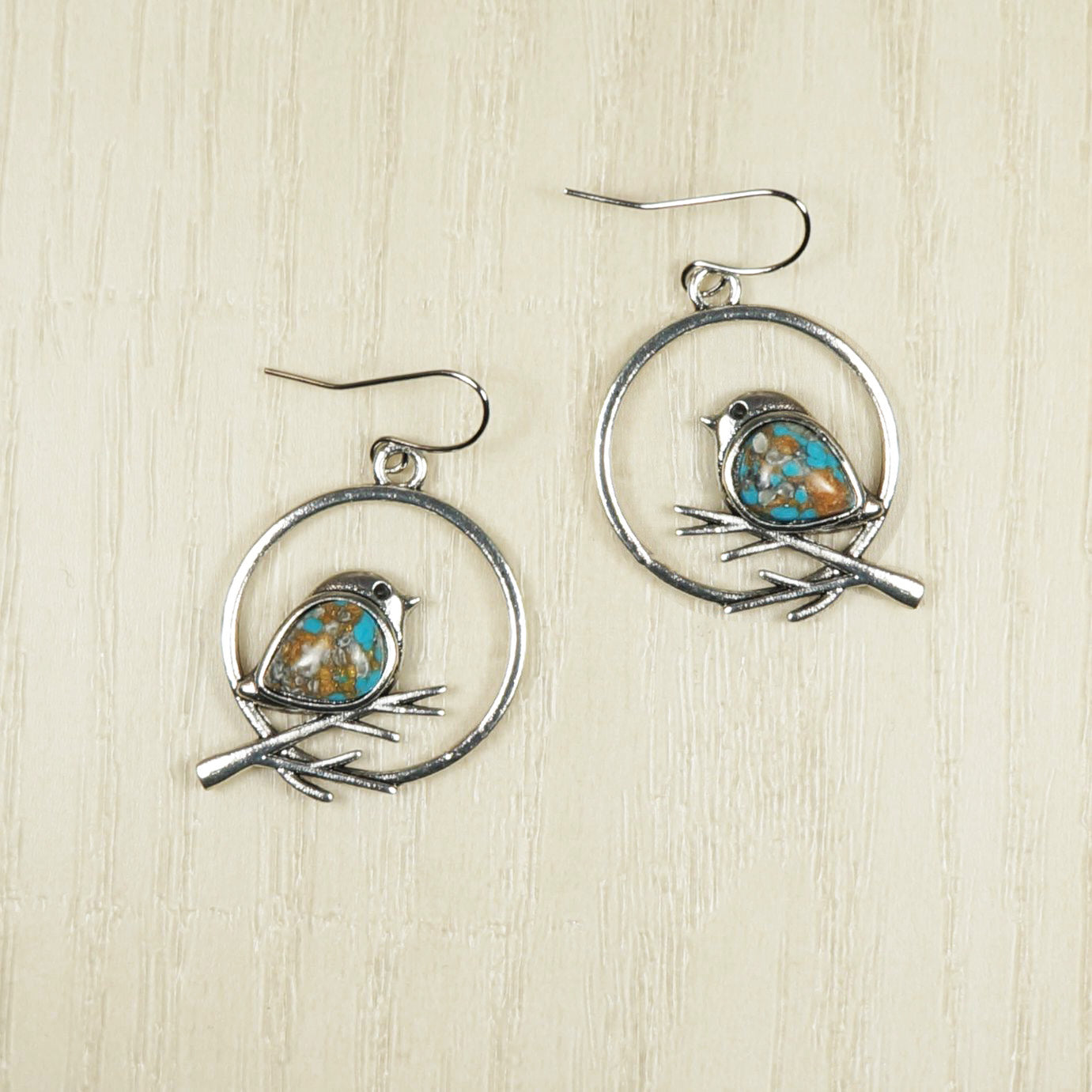Turquoise Inlay Silver Bird Minimalist Dangle Earrings, Nickel Free, Platinum Ear Wires