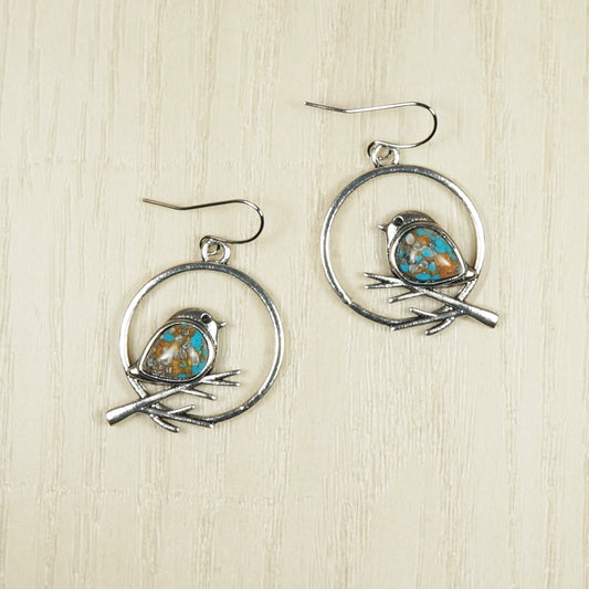 Turquoise Inlay Silver Bird Minimalist Dangle Earrings, Nickel Free, Platinum Ear Wires