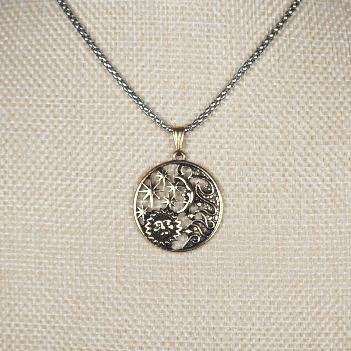 Unisex Sun Moon and Stars Pendant Celestial Antique Gold, Stainless Steel Chain Necklace, Length Choices