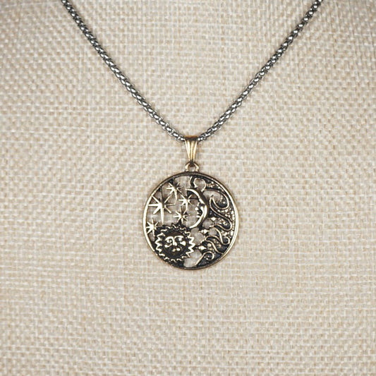 Unisex Sun Moon and Stars Pendant Celestial Antique Gold, Stainless Steel Chain Necklace, Length Choices