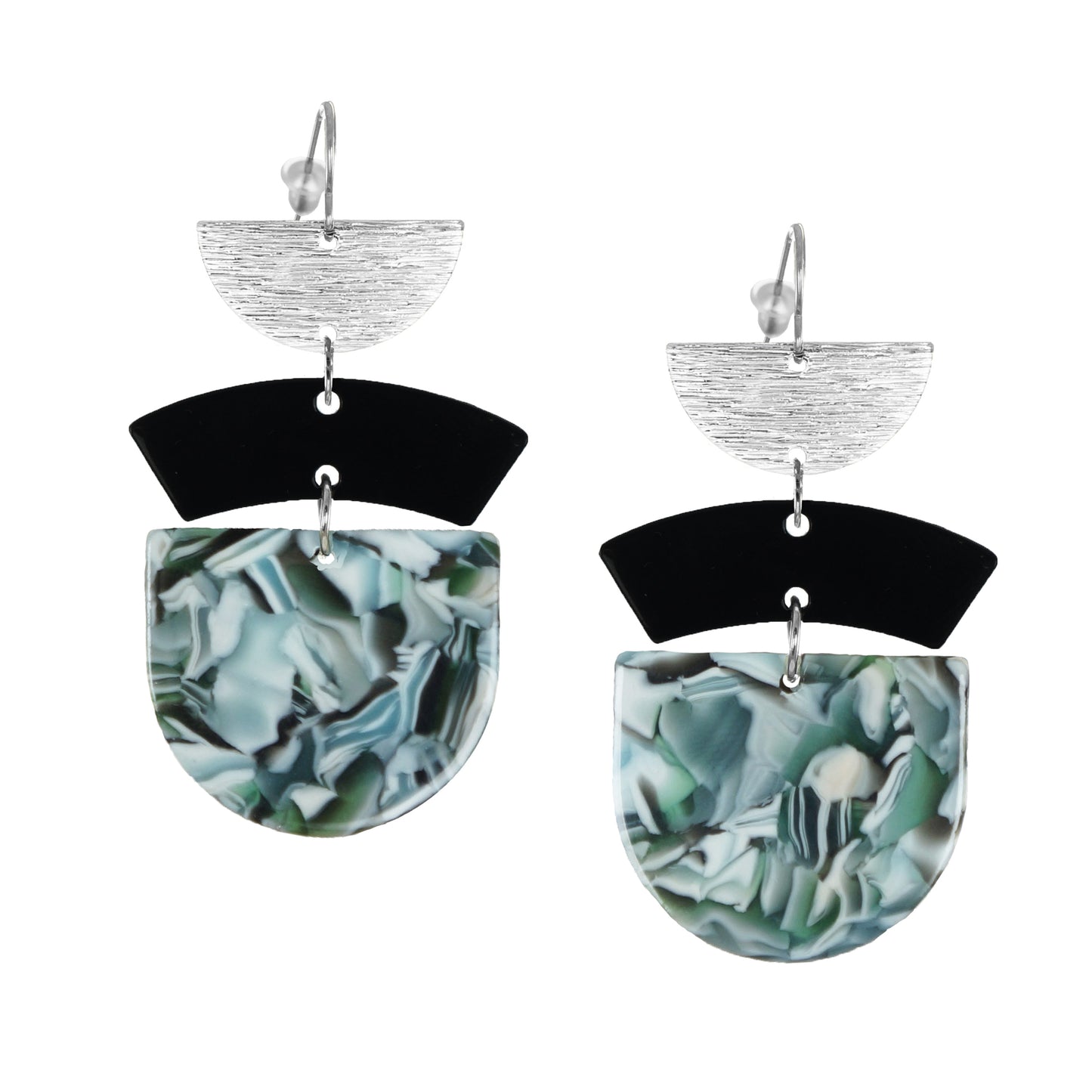 Green & Black Acrylic with Silver Boho Statement Earrings, Platinum Ear Wires