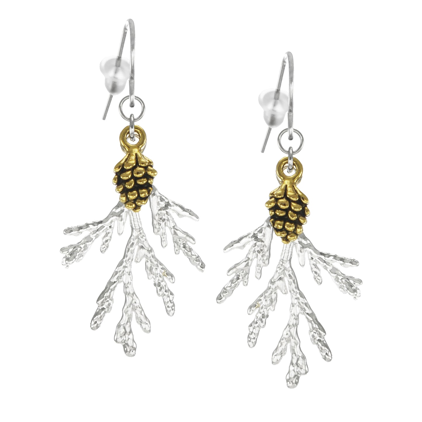 Gold Pinecone and Silver Branch Earrings, Hypoallergenic Platinum Ear Wires, Gift for Her