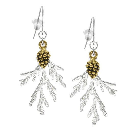 Gold Pinecone and Silver Branch Earrings, Hypoallergenic Platinum Ear Wires, Gift for Her