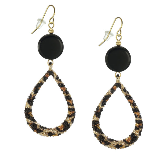 Beautiful Black Glass Coin Bead and Gold Leopard Print Teardrop Statement Earrings, Hypoallergenic 18K Gold Ear Wires